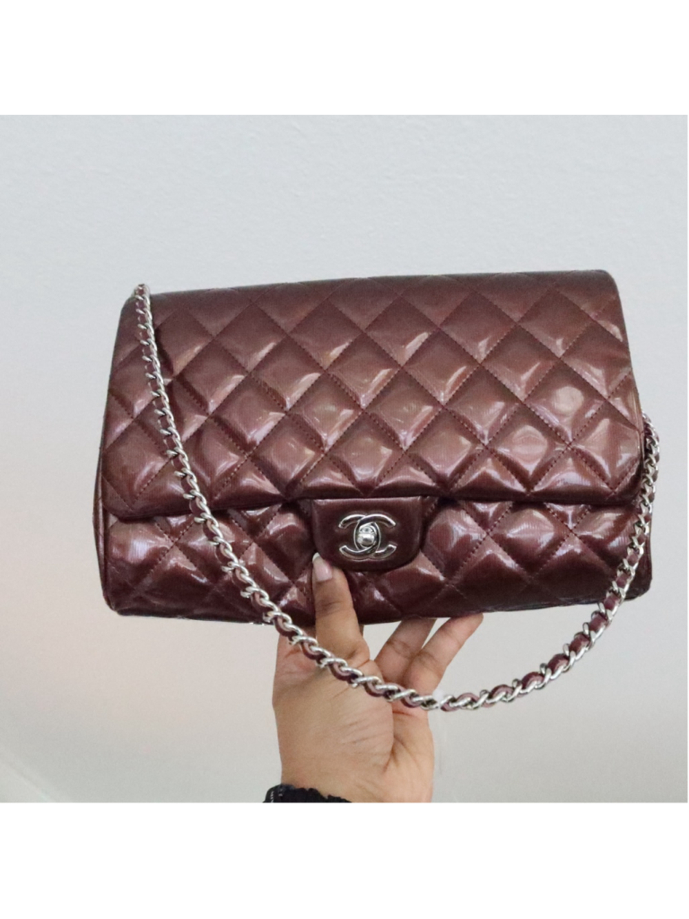 Chanel Matelasse Patent Leather Burgundy Clutch on Chain EXCELLENT